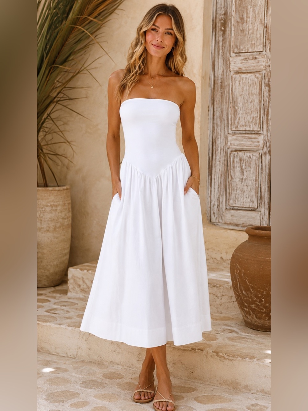 White Strapless Knit Midi Maxi A-Line Dress with Pockets